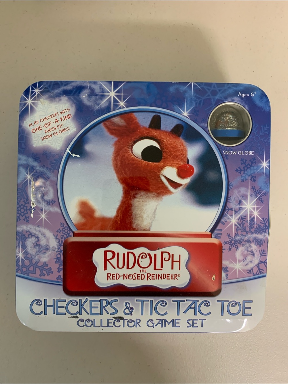 USAOpoly Rudolph Red Nosed Reindeer Checkers Tic Tac Toe โSnow Globeโ Game Set